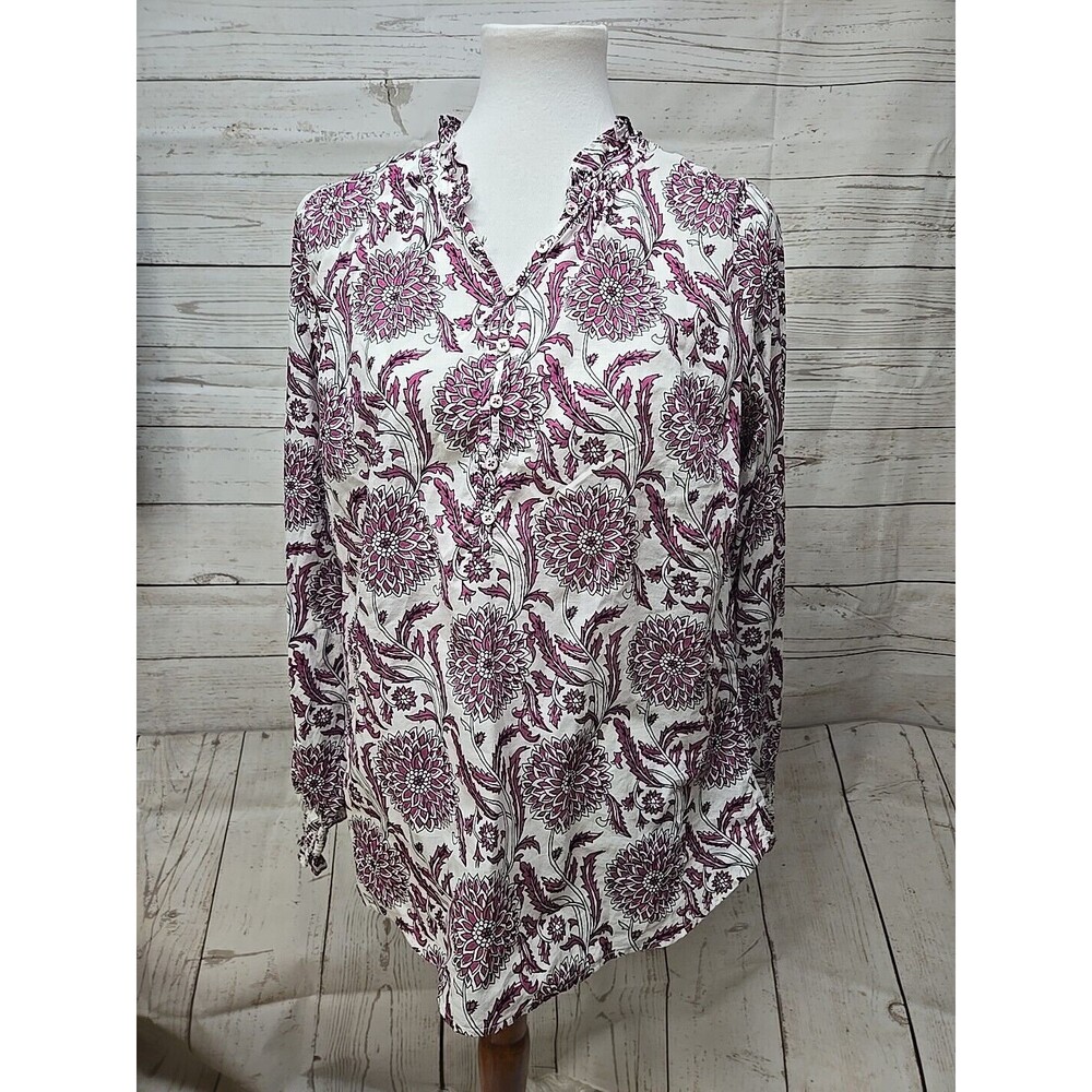 Talbots Floral Long Sleeve Cotton Blouse Women's Medium Lightweight 1/2 Button